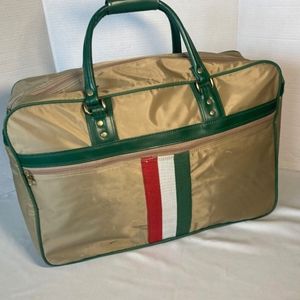 Vintage Vinyl Travel Bag Duffel & Leather Handles & Red Green White Stripe